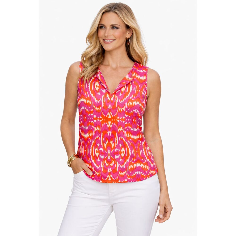 Jude Connally Pink Orange Ikat Sleeveless V-Neck Stretch Knit Top Made In USA  M
